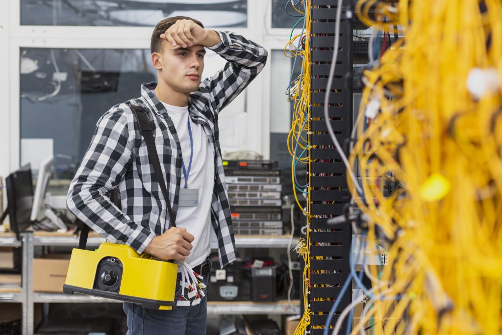 Tired Network Engineer With Box Working Ethernet Switches 1024x683
